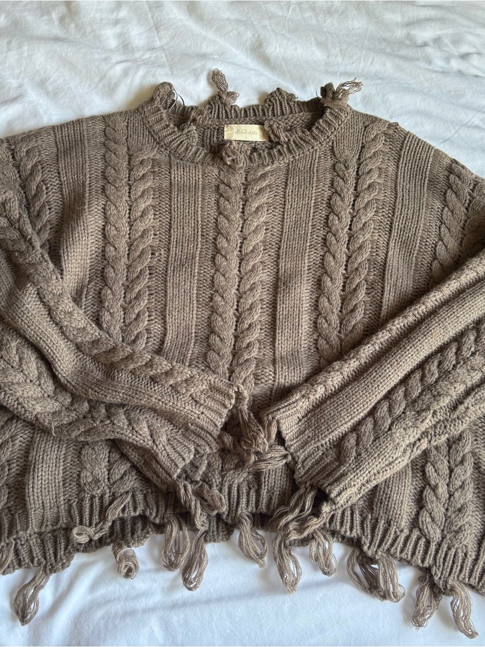 Altar'd State Cropped Taupe Cable-Knit Fringe Crewneck Sweater